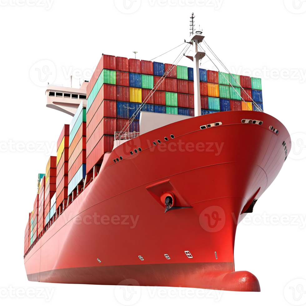 A large red cargo ship with many containers on it png