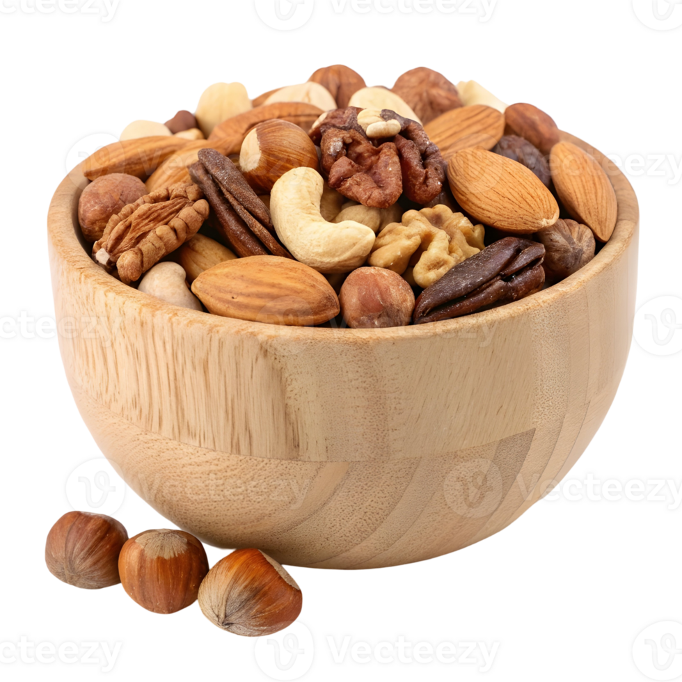Rustic Wooden Bowl Brimming with Mixed Nuts png