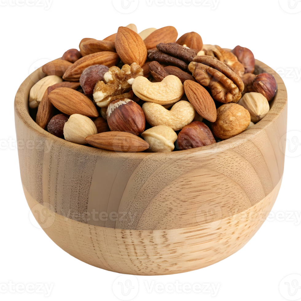 Assorted Nuts in a Textured Wooden Bowl with Natural Light png