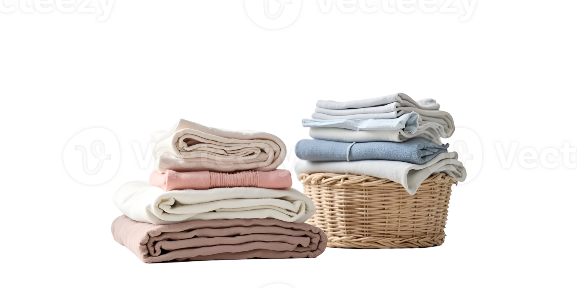 Neatly Stacked Fabrics with Wicker Basket for a Cozy Touch png