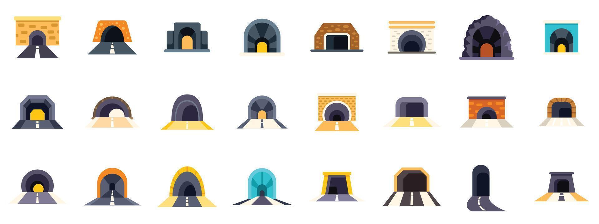 Road and railway tunnel icons showing different tunnel shapes and constructions vector