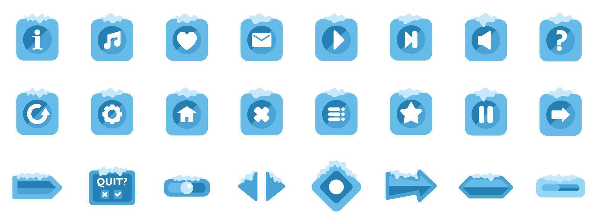 Set of casual game ui ice button icons, snow covered interface elements for mobile games vector