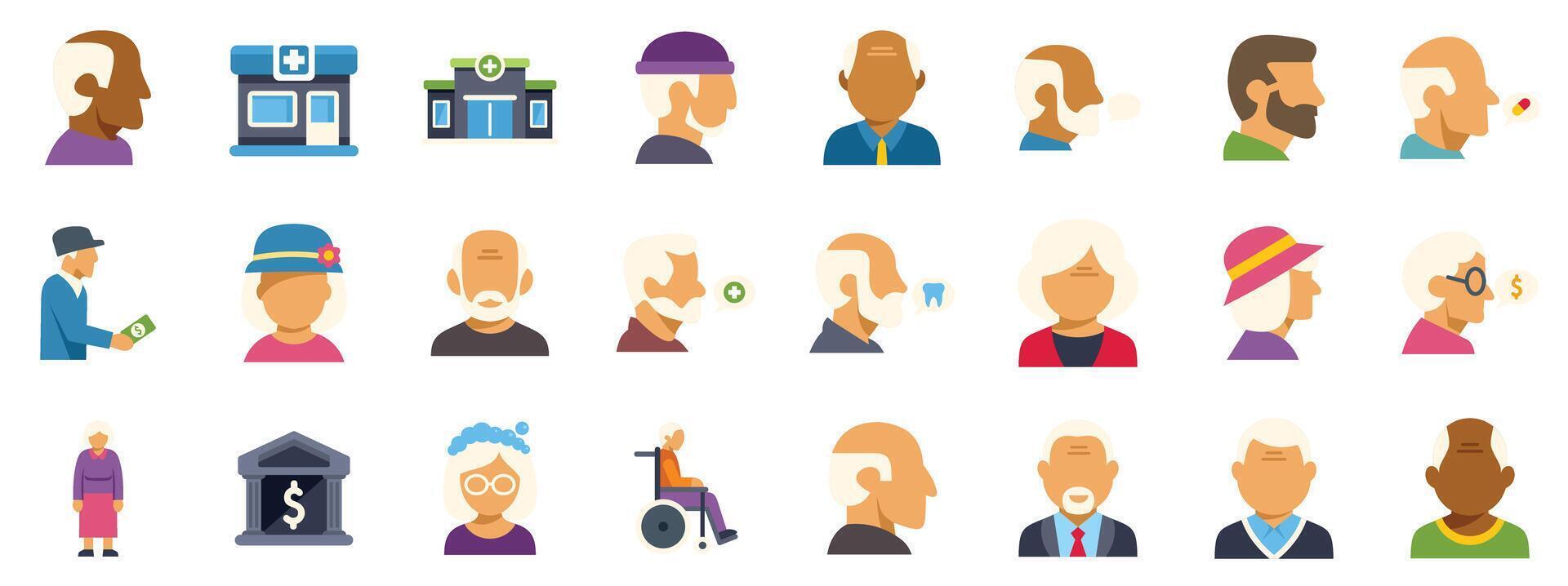Elderly people healthcare, finance, and lifestyle icons collection vector
