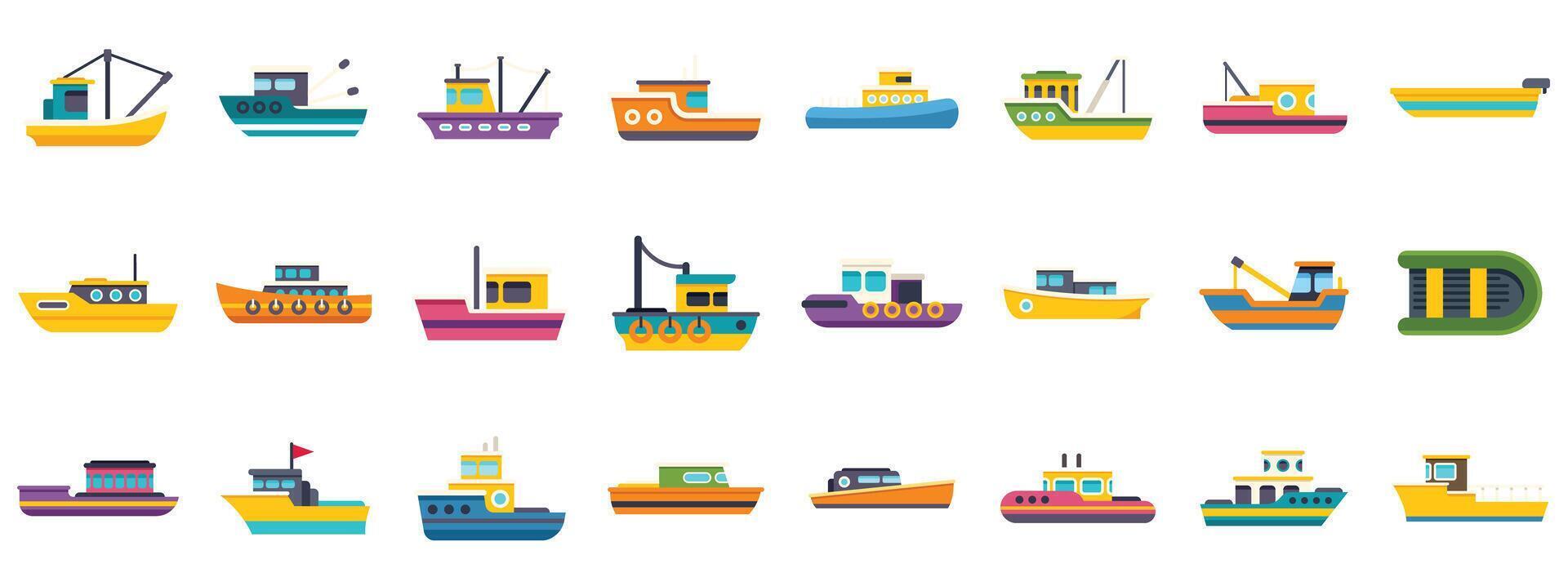 Fishing boat and tugboat icons showing nautical vessels for ocean navigation vector