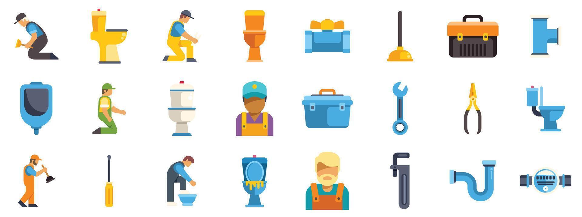 Plumbers repairing toilets, pipes, and using tools, a comprehensive set of plumbing icons vector
