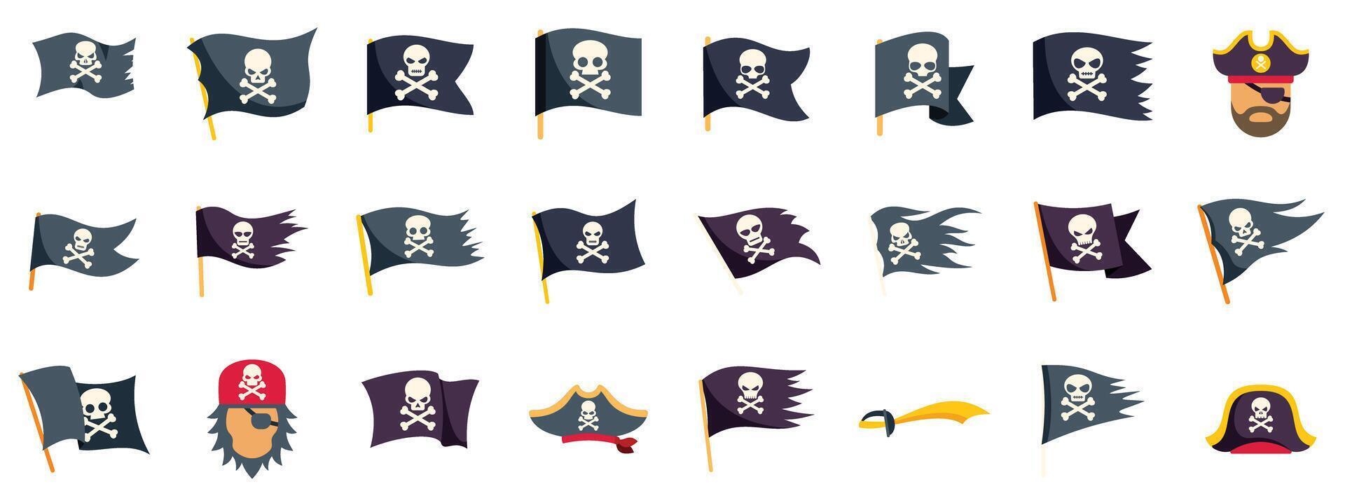Pirate flags waving with skull and crossbones, along with pirate hat and saber icons vector