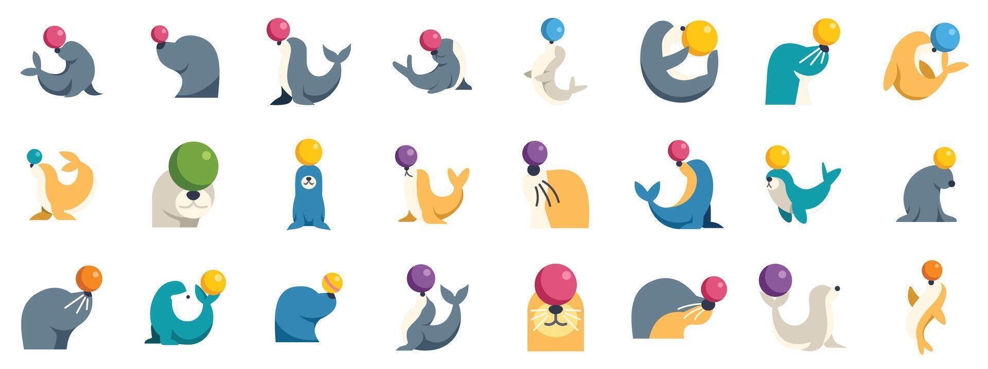 Circus seal balancing balls and balloons, playful marine mammals performing tricks vector