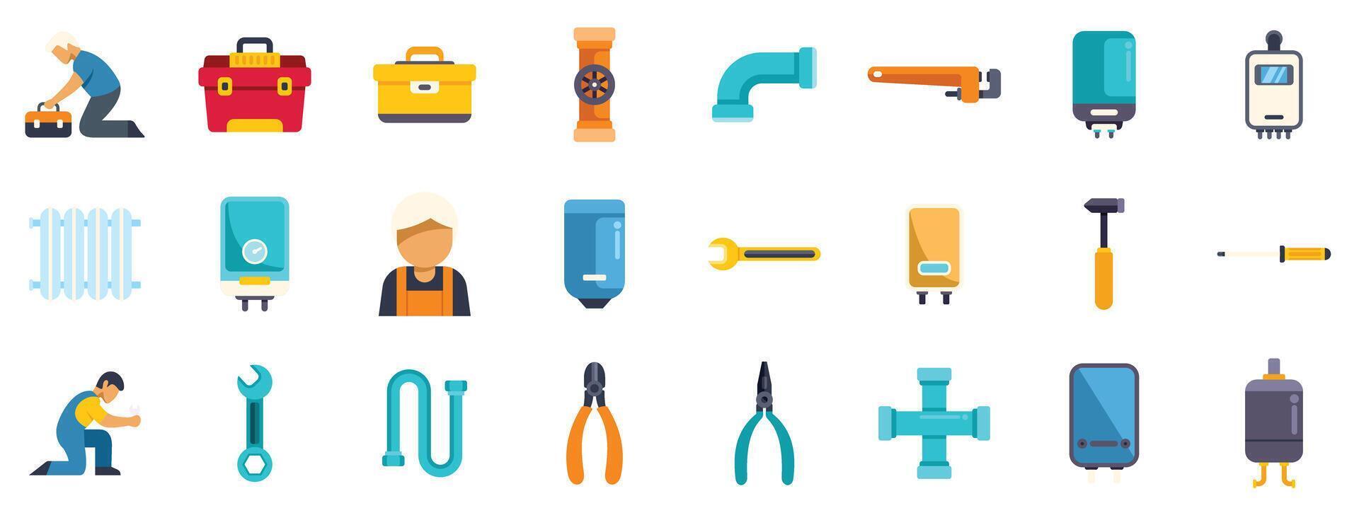 Plumber fixing pipes and maintaining heating systems with professional tools vector