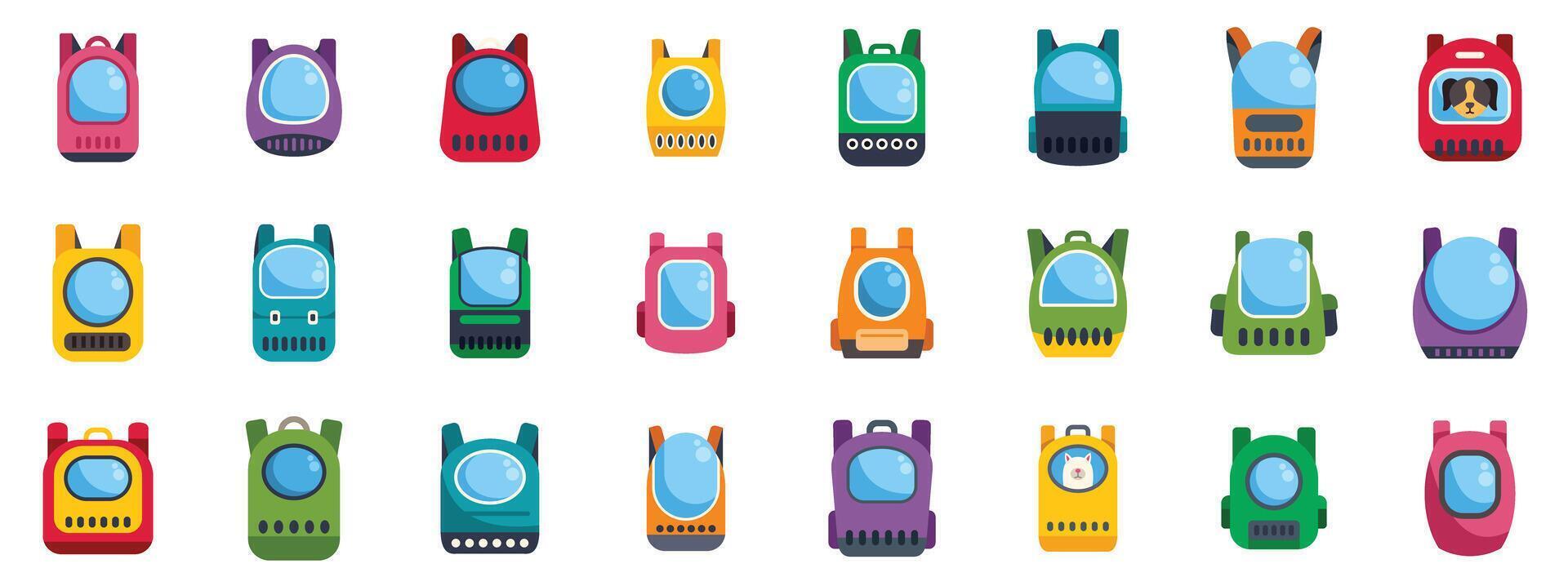 Collection of colorful pet carrier backpacks with transparent window for small animals vector