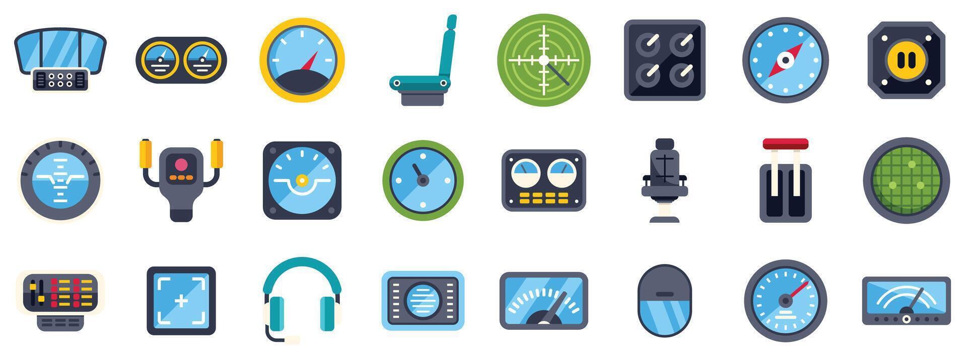 Airplane cockpit dashboard panel icons showing speed, altitude, and navigation instruments vector