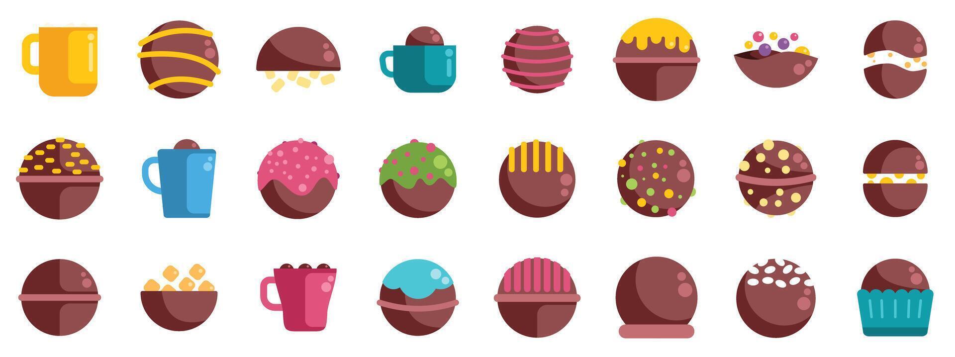 Chocolate confectionery showing various flavors and toppings with hot chocolate beverage vector