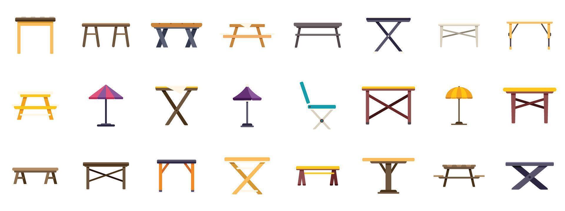Camping tables and picnic benches showing different styles and materials vector