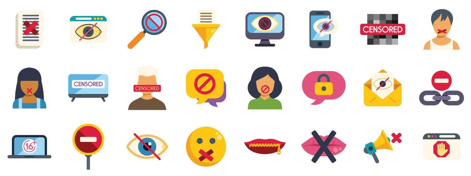 Set of censorship icons representing restricted access to information, data control, and freedom of speech violation vector