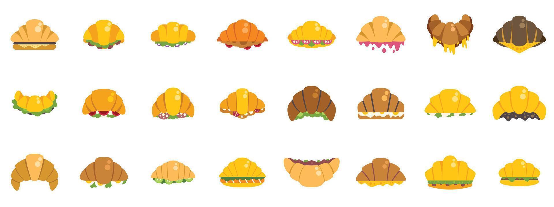 Croissant sandwich icons showing different fillings and toppings vector