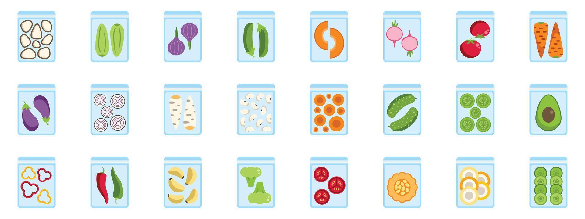 Frozen vegetables in vacuum sealed bags for food storage and preservation vector