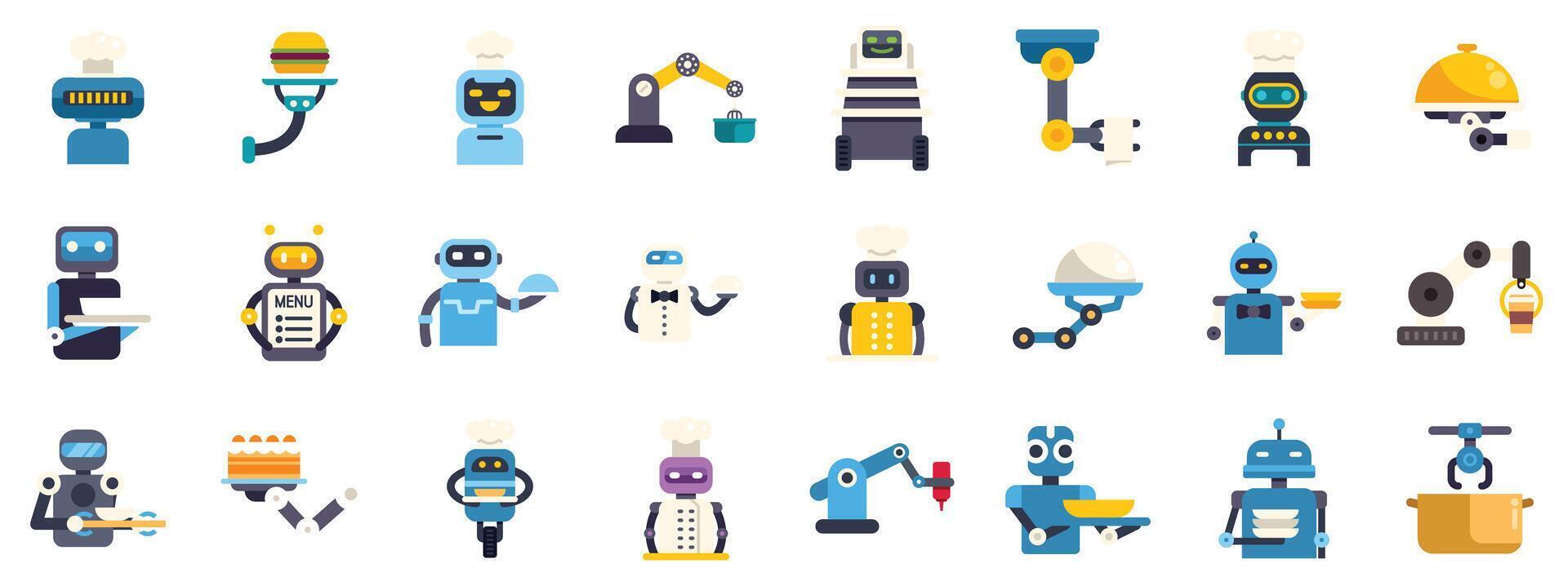 Cocinando y servicio robots automatizando comida preparación y entrega vector