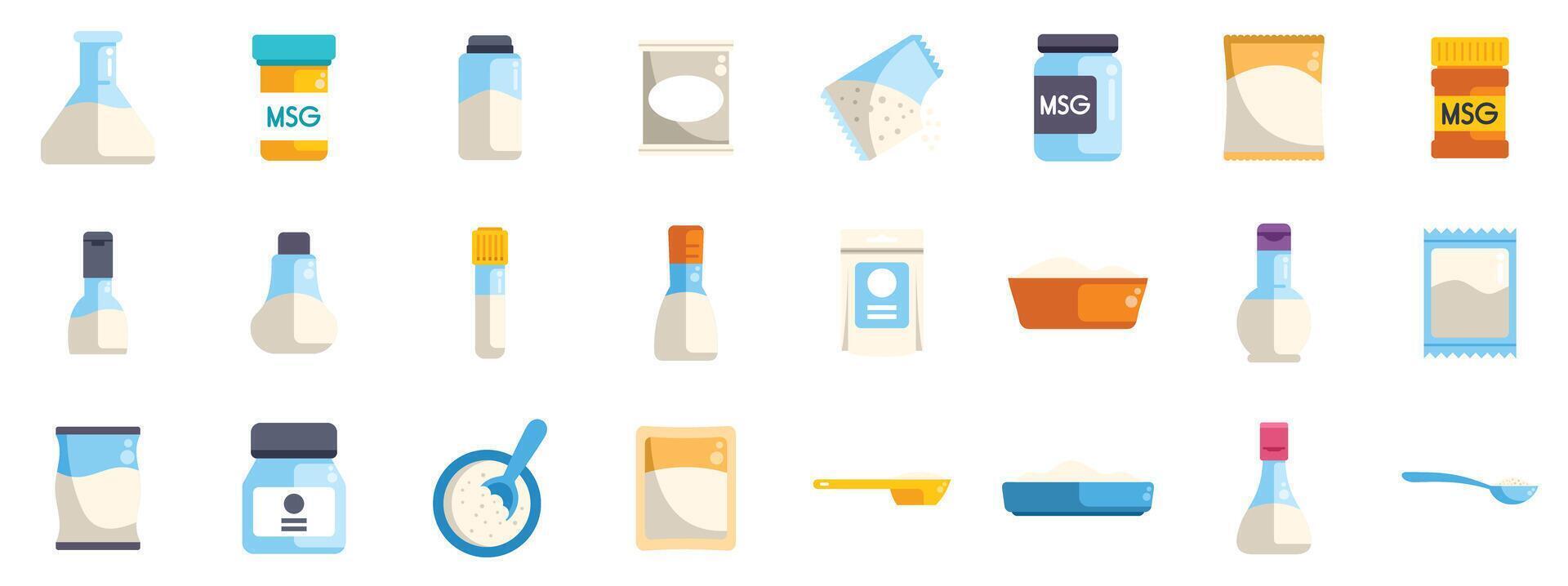 Monosodium glutamate icons showing different packaging and utensils for food preparation vector