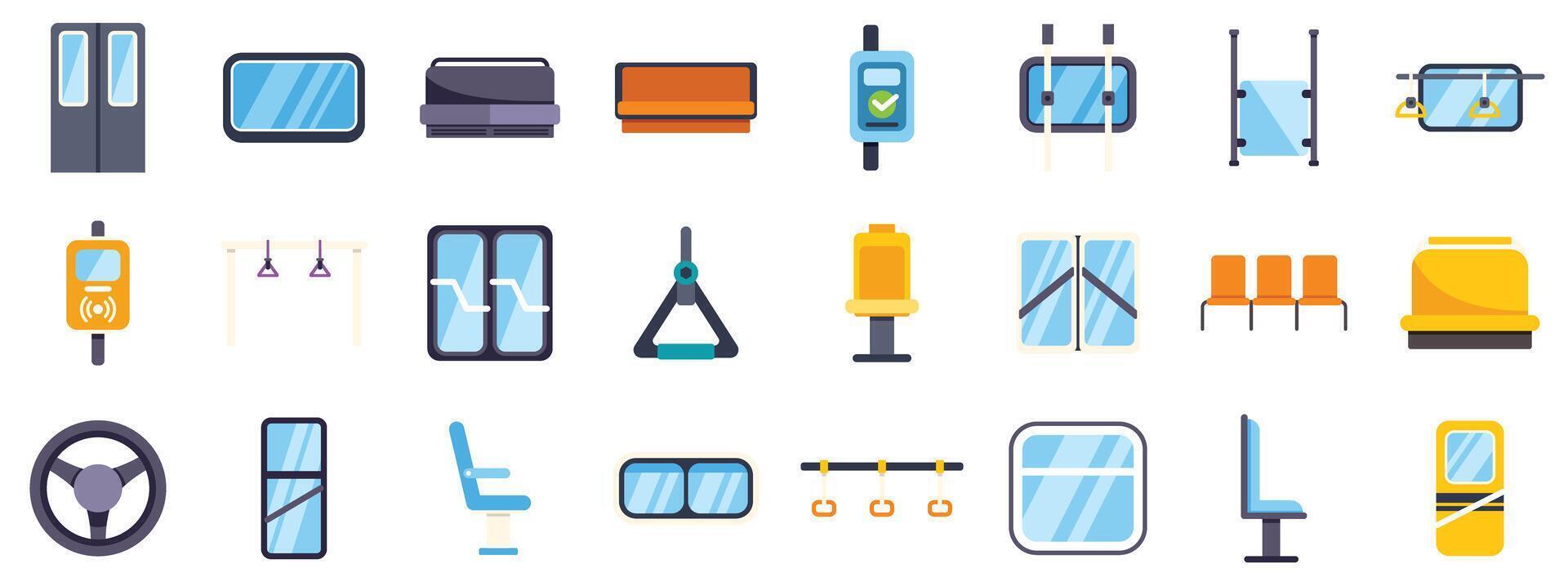 Public transport interior elements showing seats, doors, windows, handrails and steering wheel vector