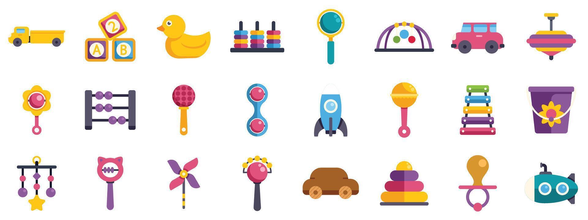 Colorful baby toys icons set featuring rattle, rubber duck, and building blocks vector