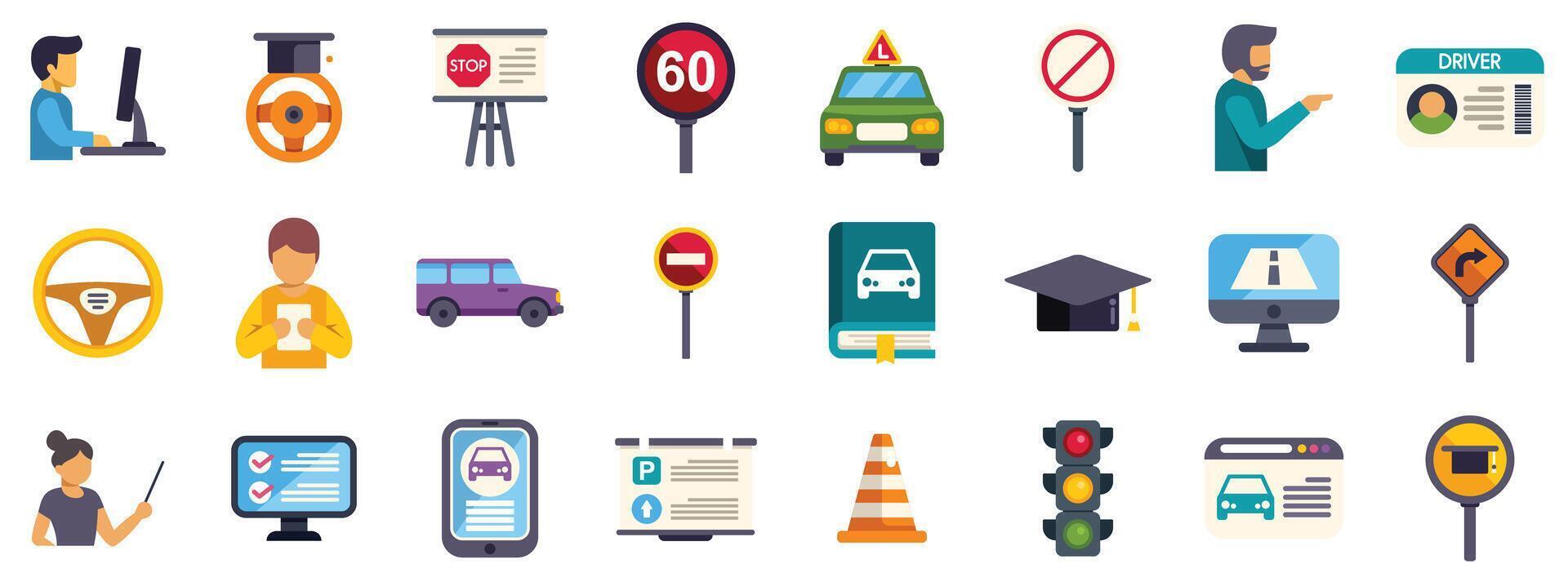 Driving school icons showing steering wheel, traffic lights, road signs, and digital learning resources vector