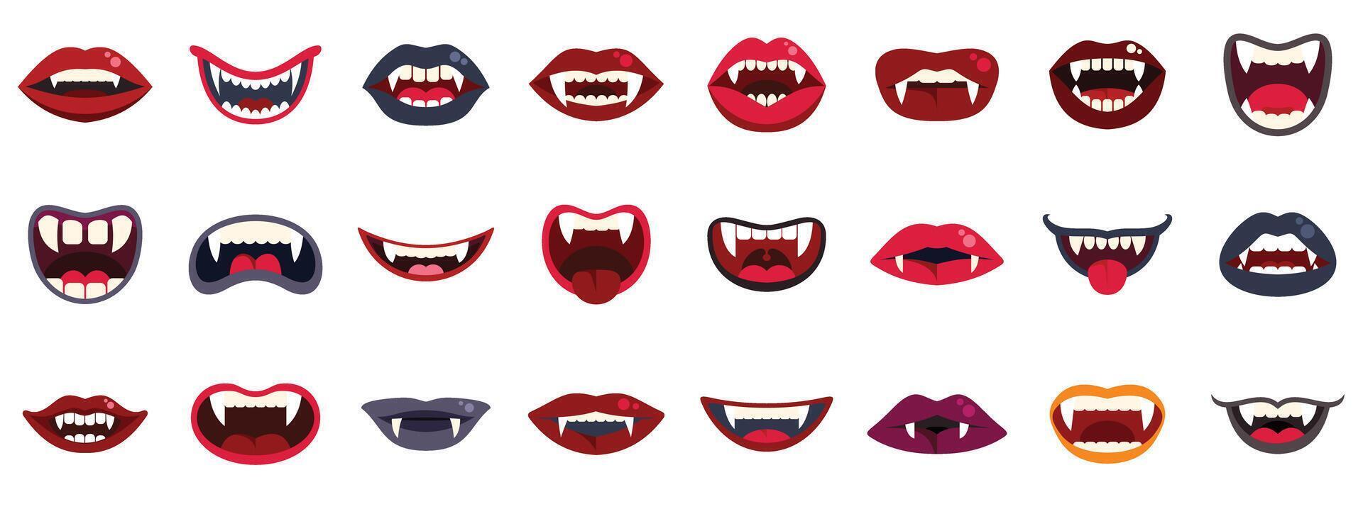 Vampire lips showing fangs, collection of various styles for halloween party decoration vector