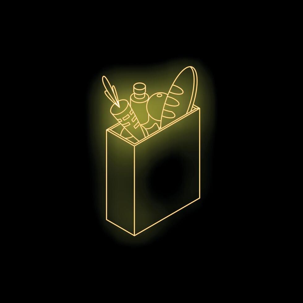 Grocery shopping bag with bread, vegetables, and oil in neon light vector