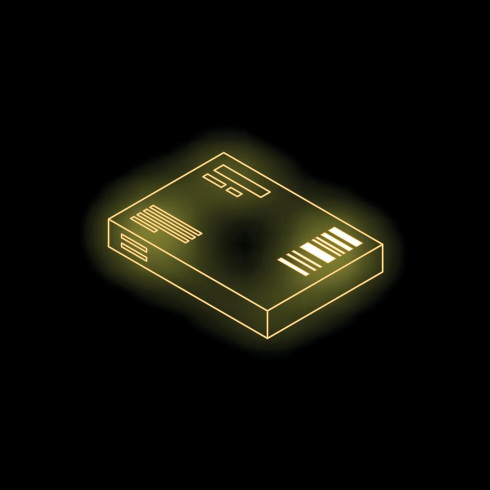 Glowing neon yellow package with barcode on black background vector