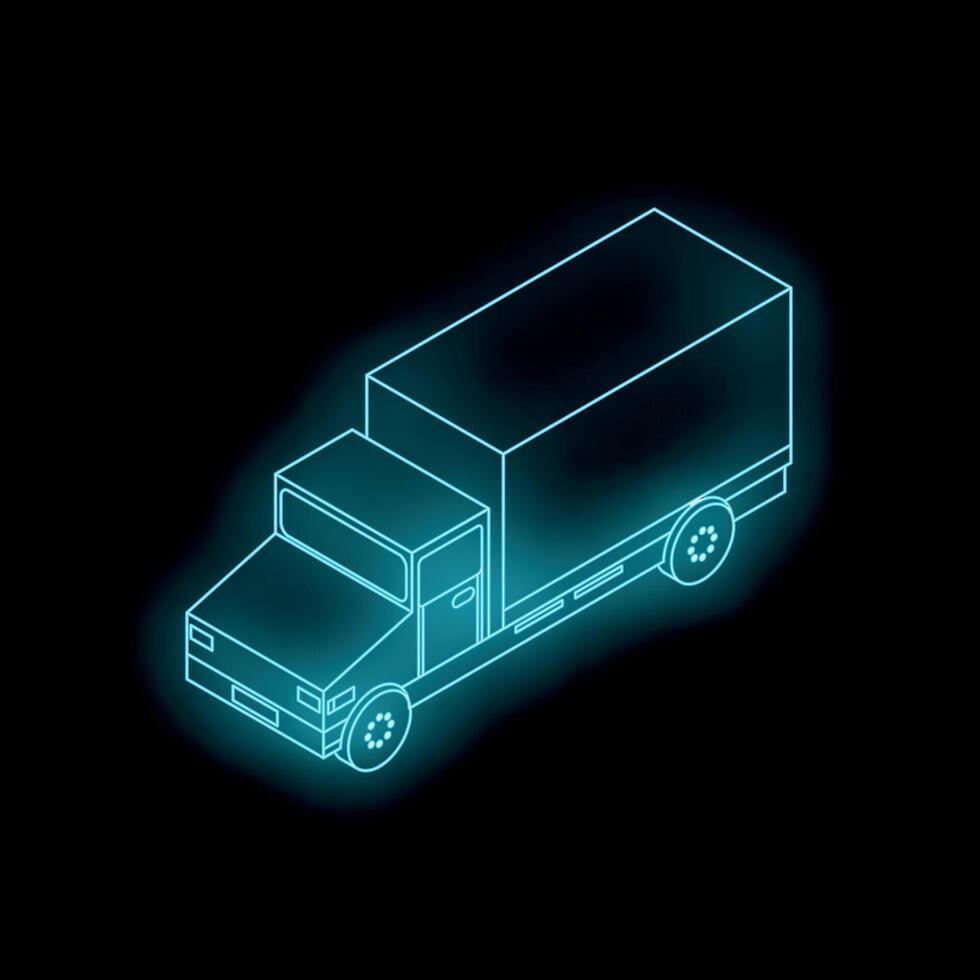Glowing neon delivery truck on black background representing logistics and transportation vector