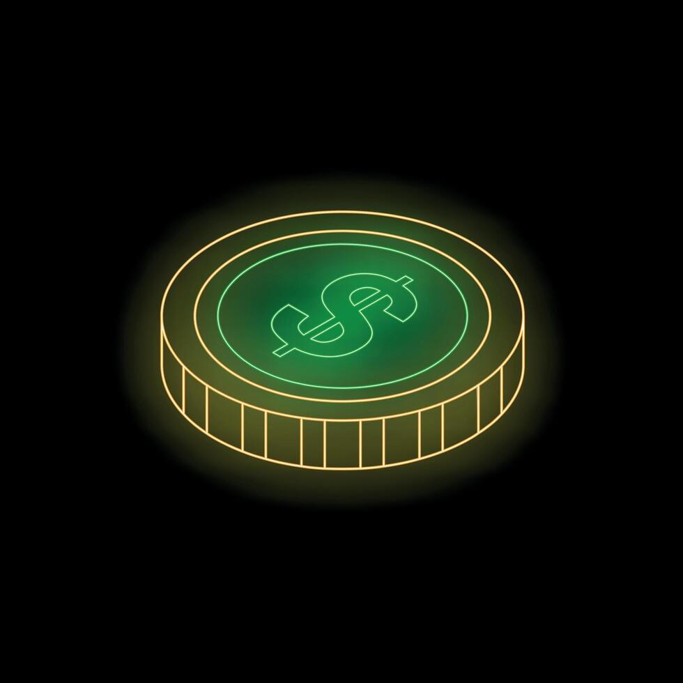 Neon green dollar coin shining on black background vector