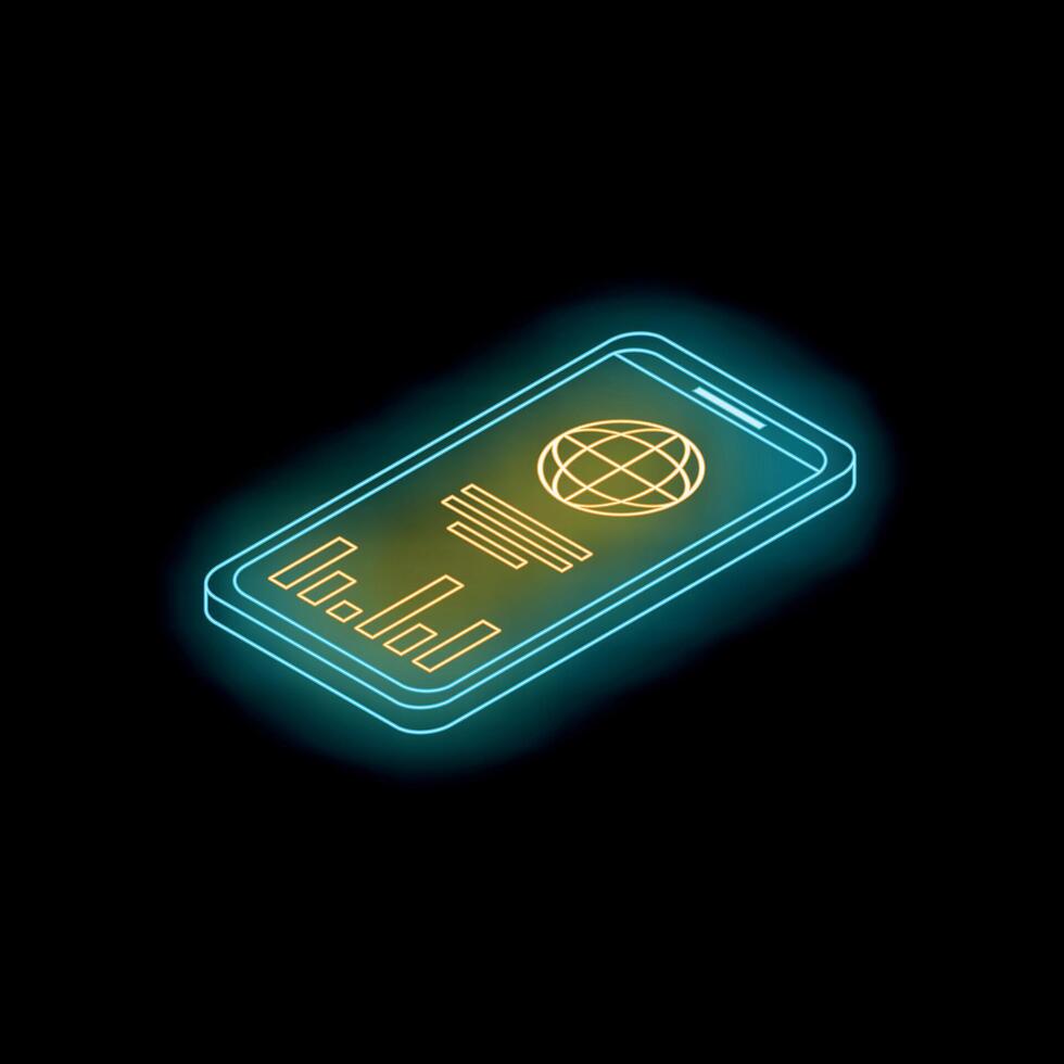 Smartphone showing global business statistics with glowing neon effect on dark background vector