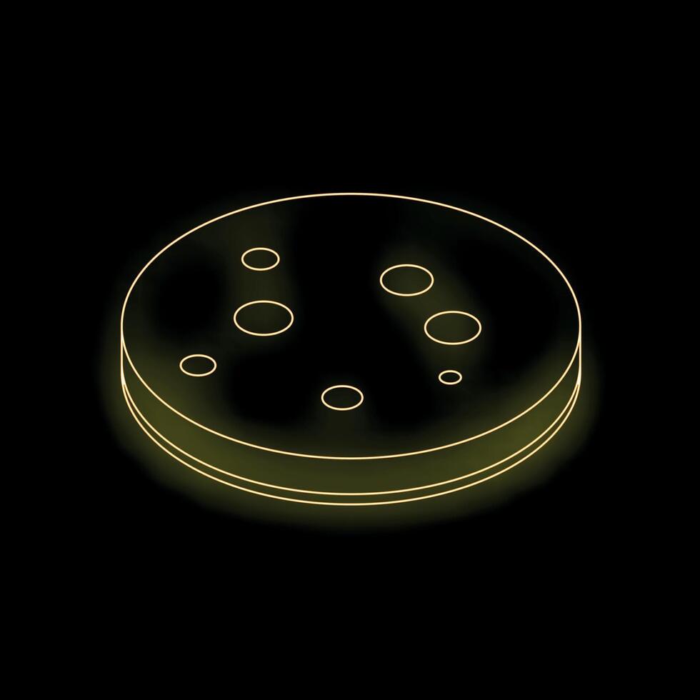 Glowing neon yellow cookie on black background representing bakery and confectionery vector