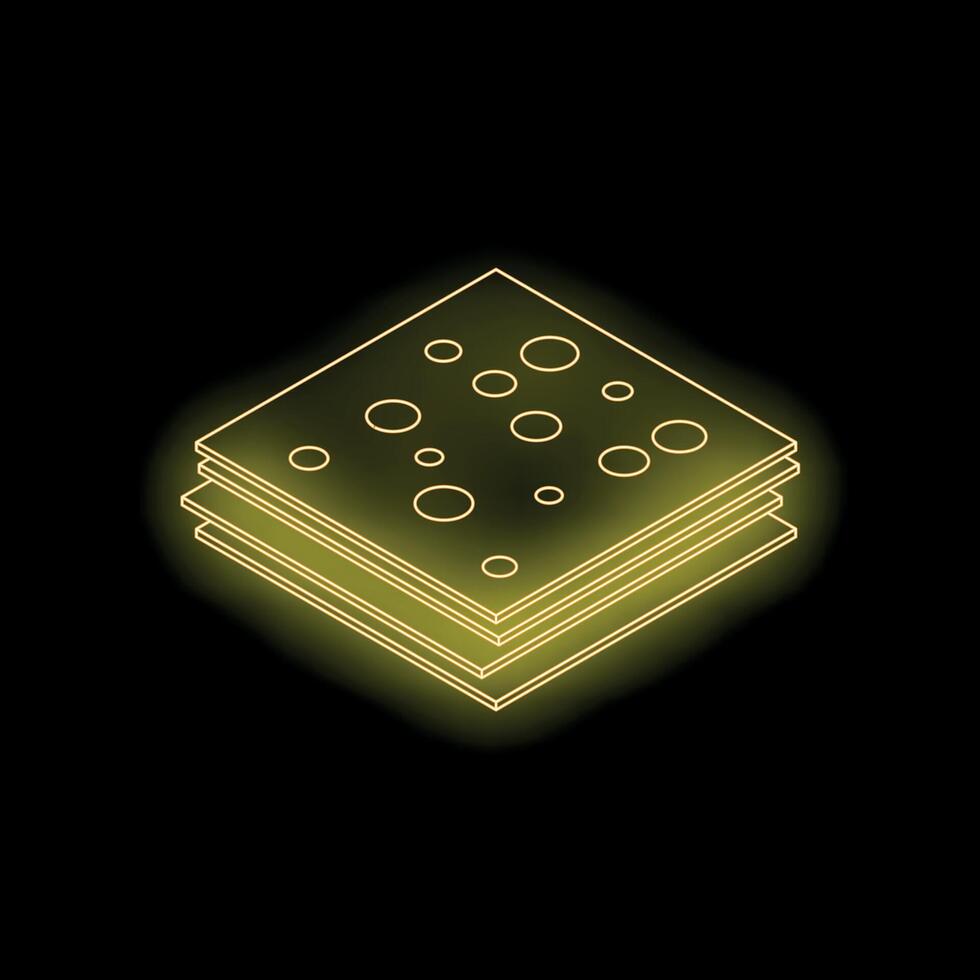 Glowing neon yellow sliced cheese icon on black background vector