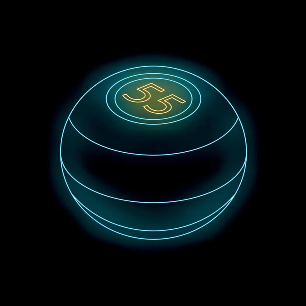 Neon bingo ball showing number fifty five on black background vector