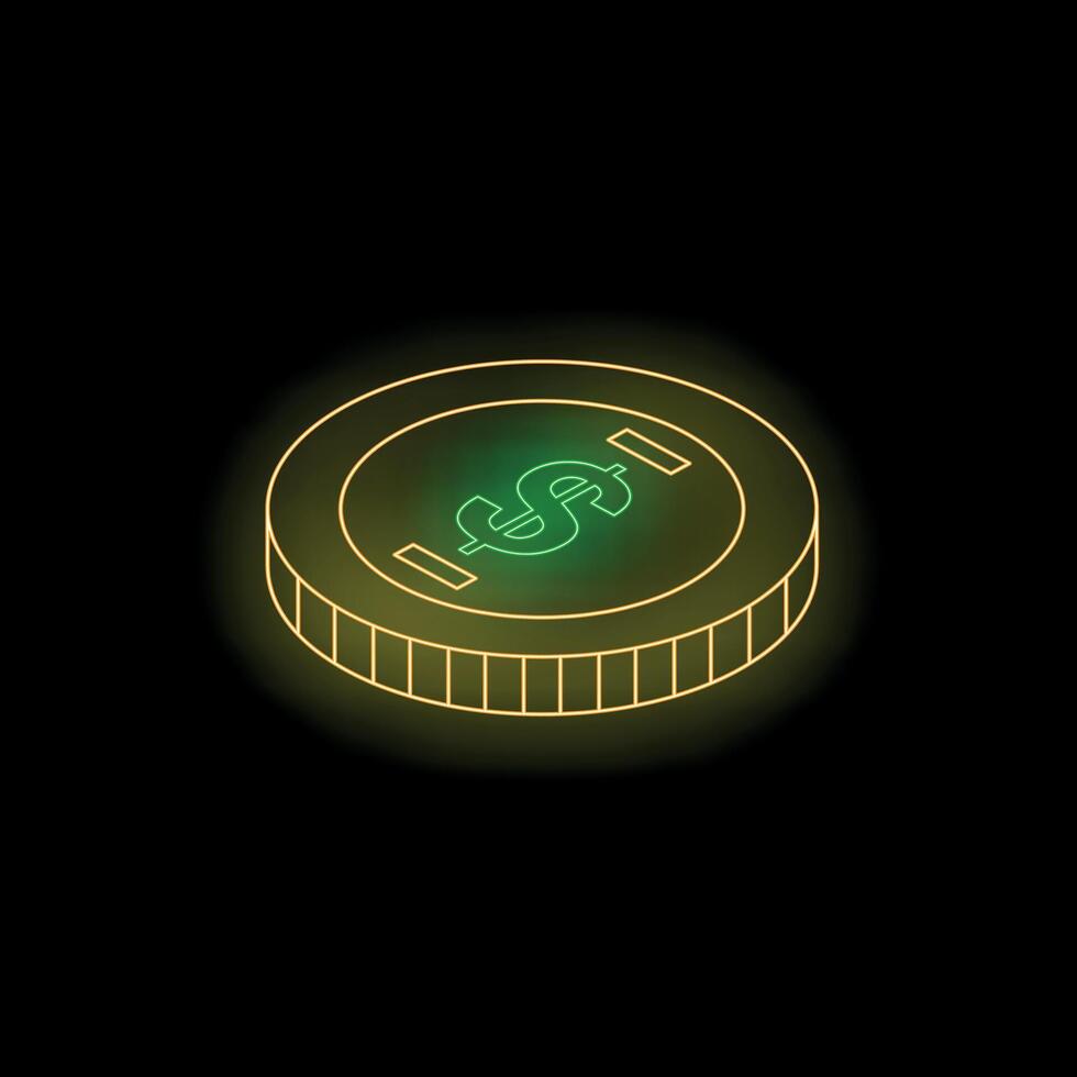 Glowing neon dollar coin on dark background representing digital currency vector