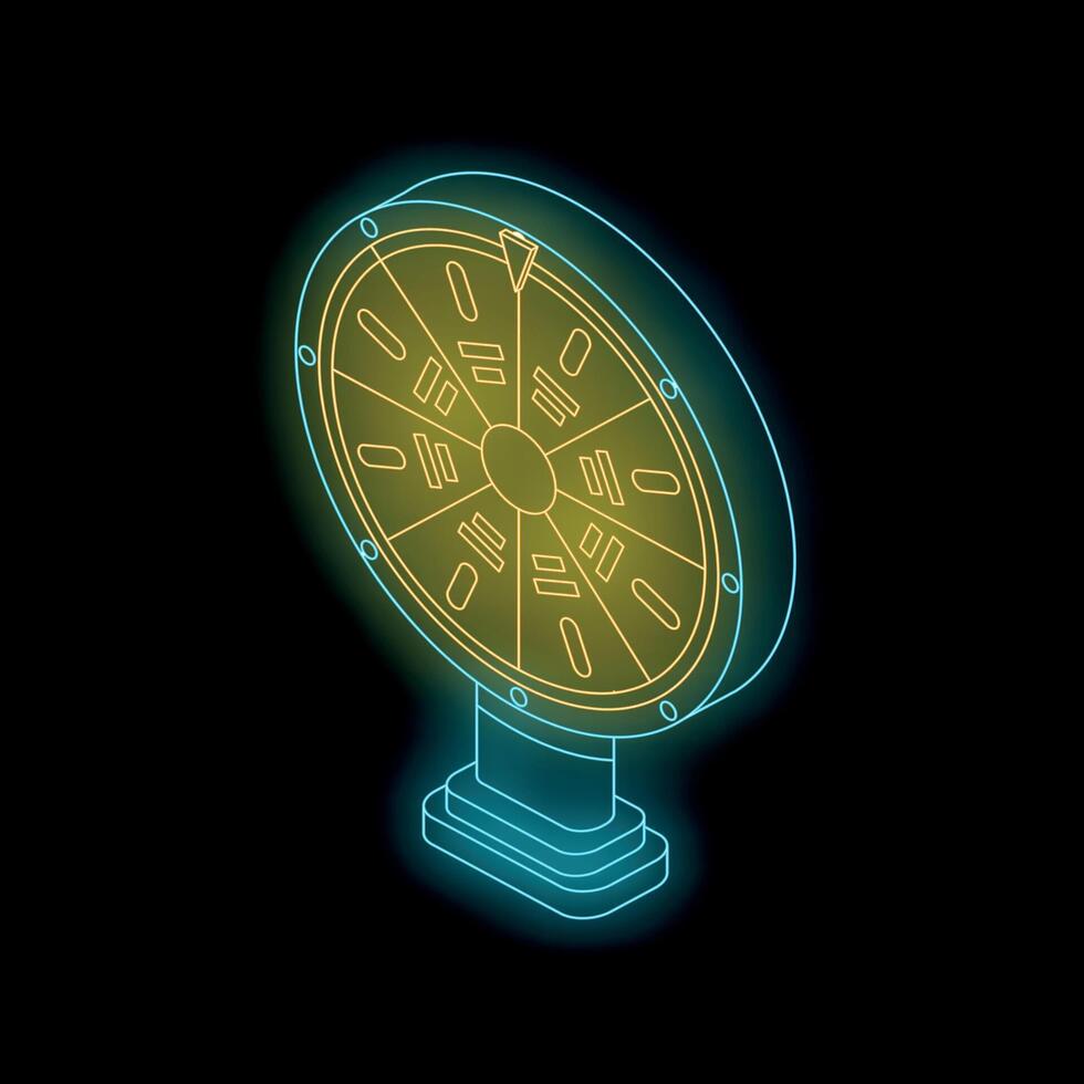 Neon fortune wheel spinning on black background, gambling and chance concept vector