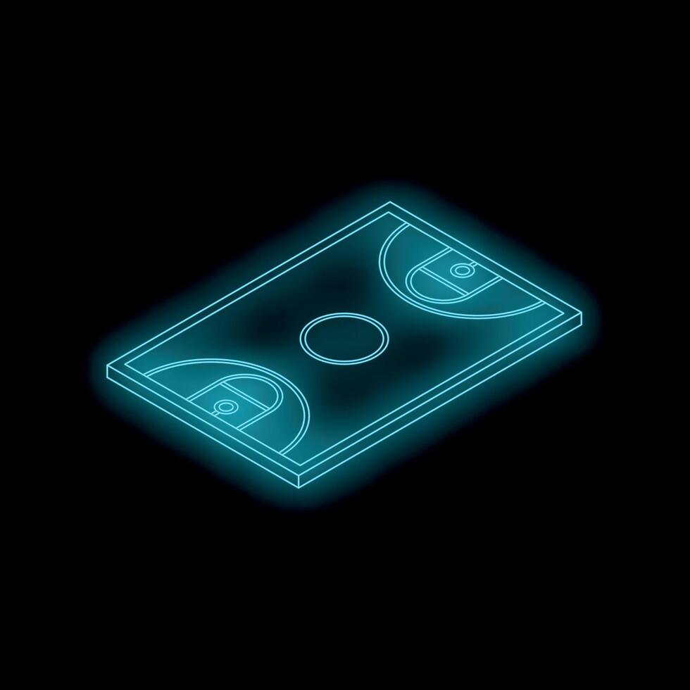 Glowing neon basketball court on dark background, isometric projection vector