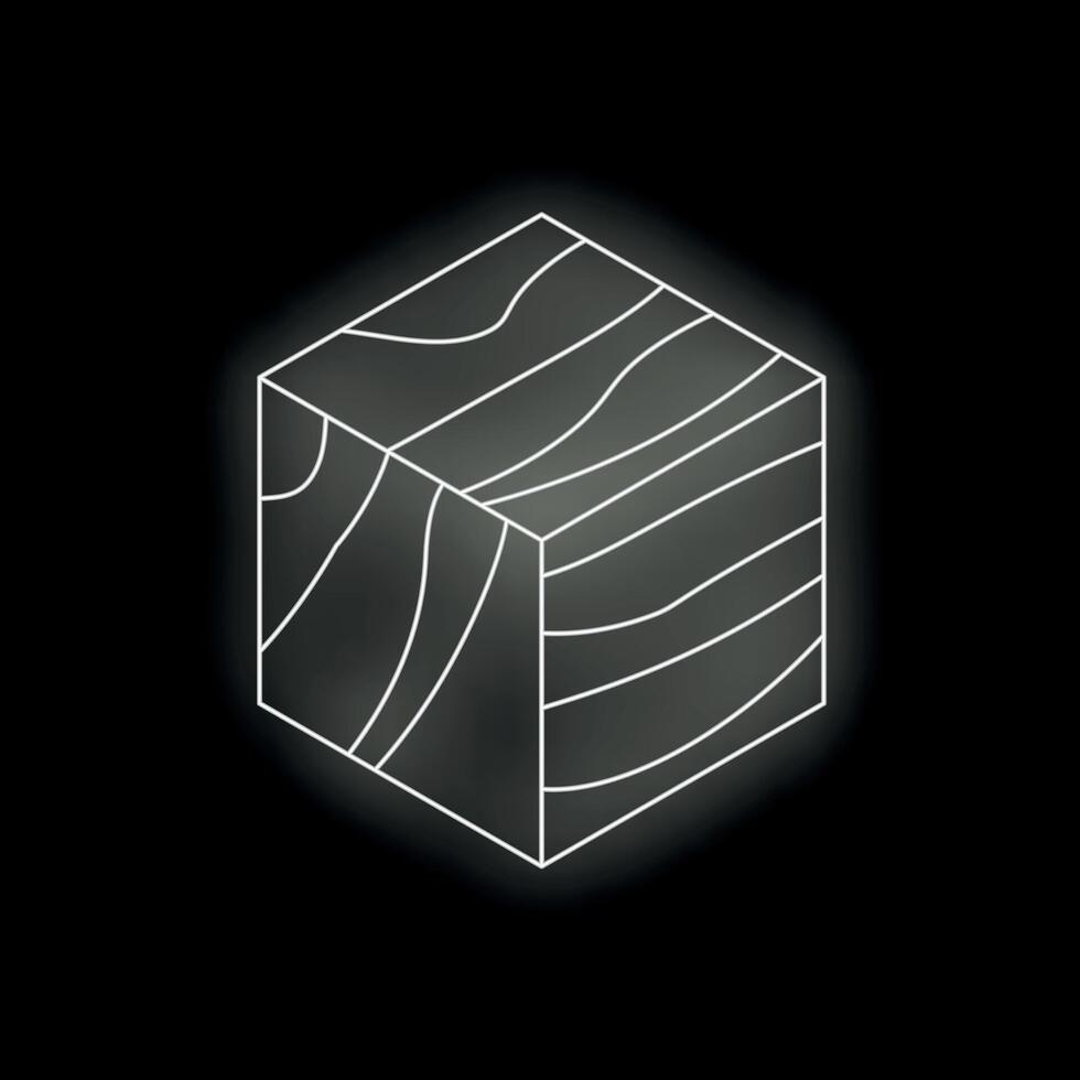 Glowing wooden cube with wood grain texture on dark background vector