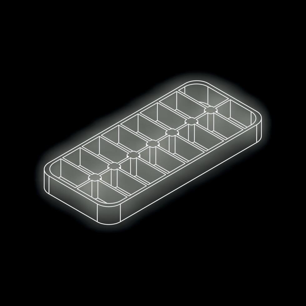 Empty ice cube tray glowing on dark background, isometric projection vector