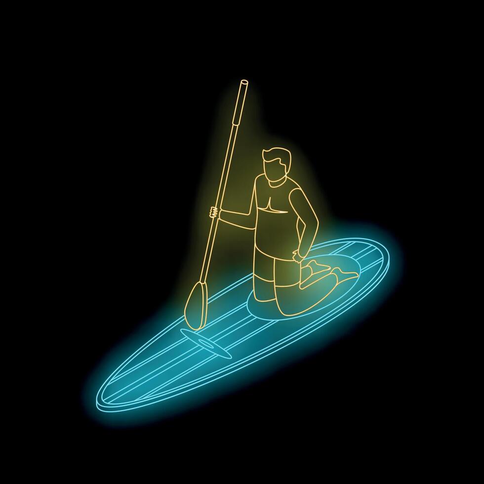 Man kneeling on stand up paddle board neon sign vector