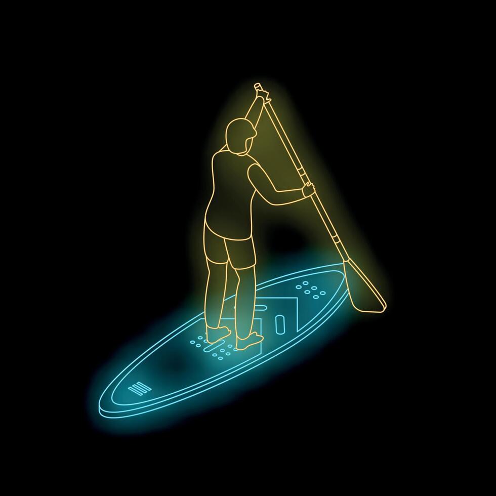 Man paddle boarding neon sign recreation activity on black background vector