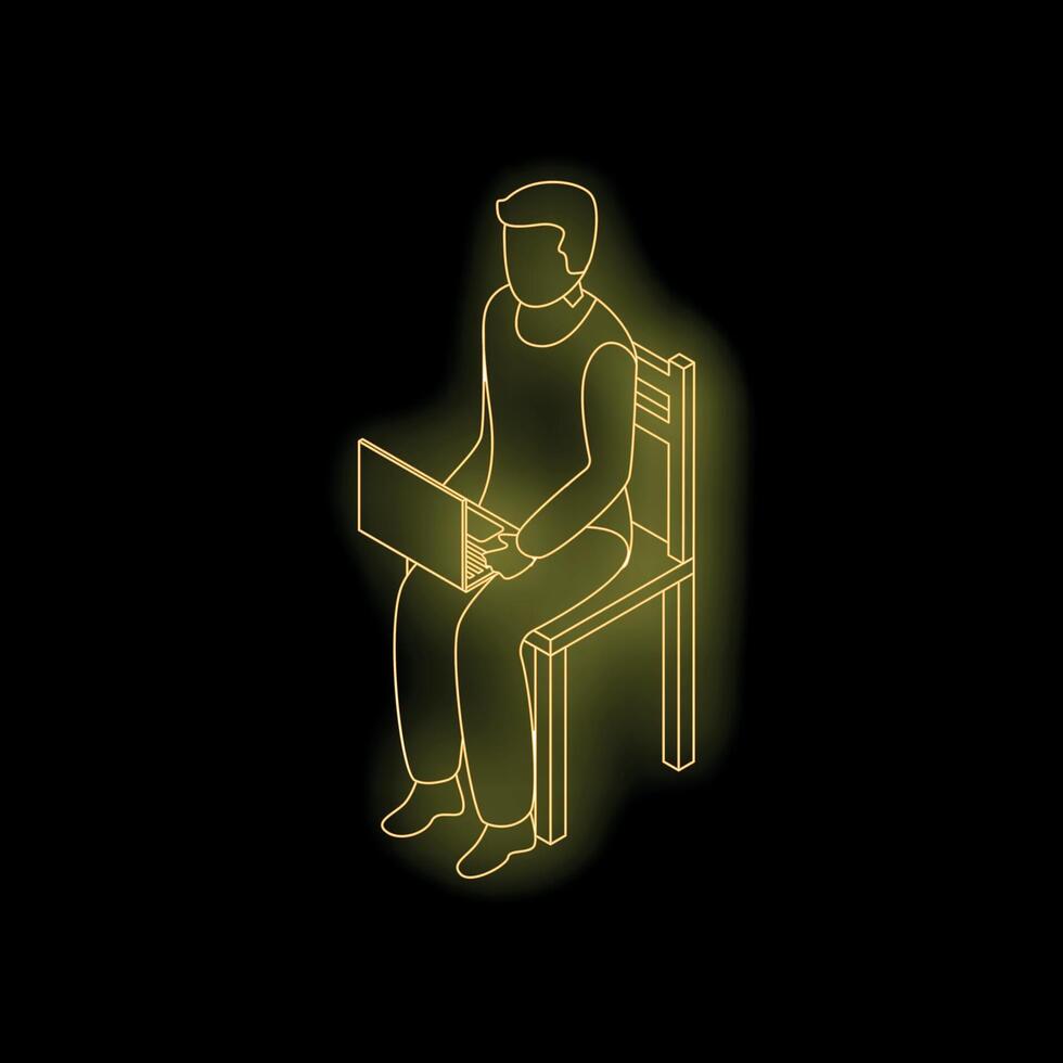Freelancer working on laptop sitting on chair neon style isometric icon vector