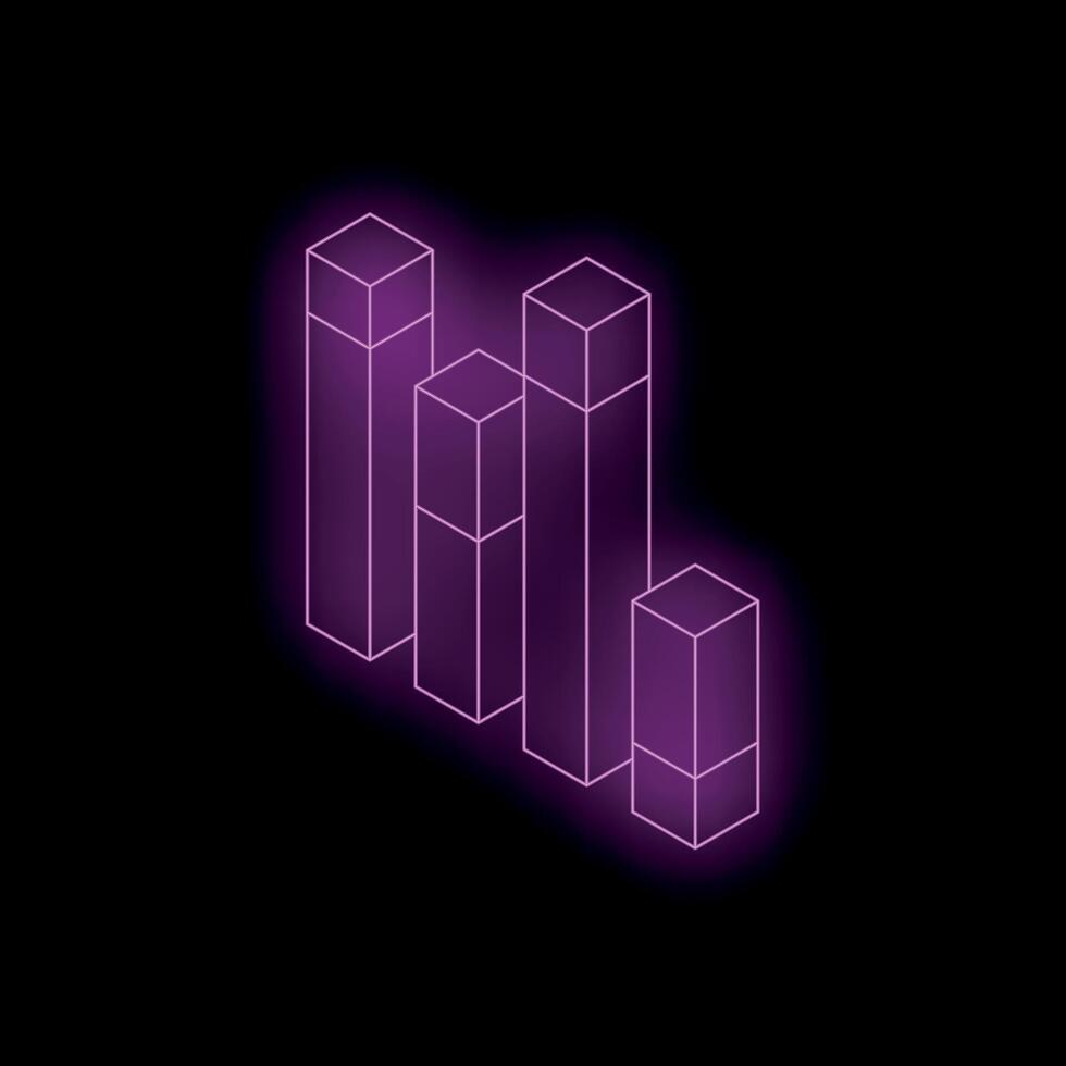 Glowing purple neon bar chart showing decreasing trend on black background vector