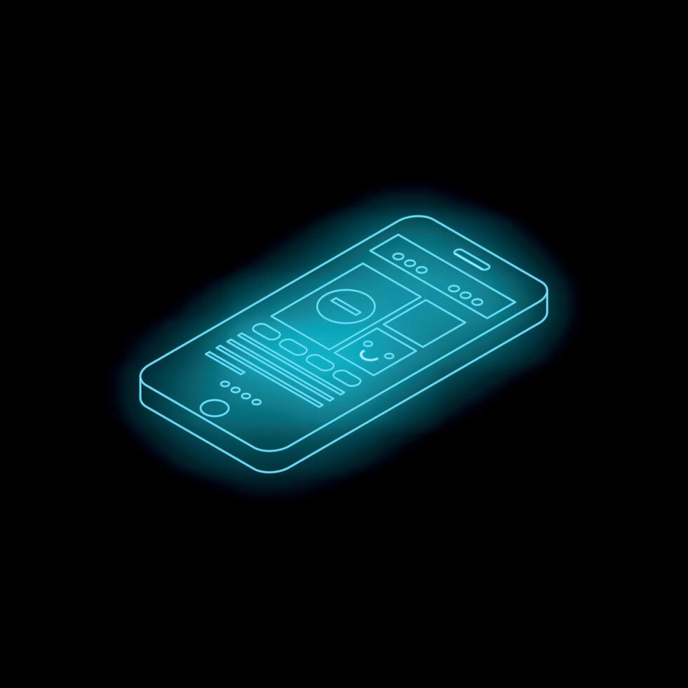 Neon blue smartphone showing social media content in dark background vector