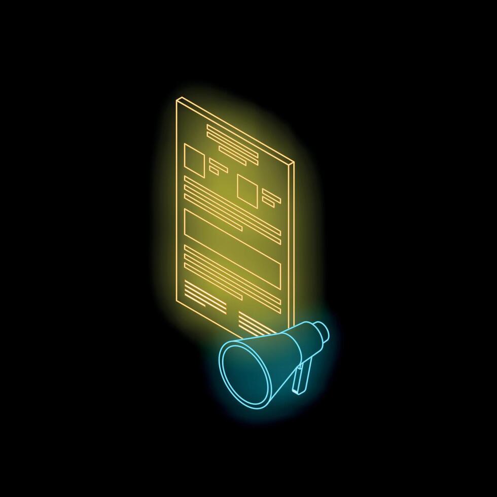 Neon megaphone announcing important news update with glowing document vector