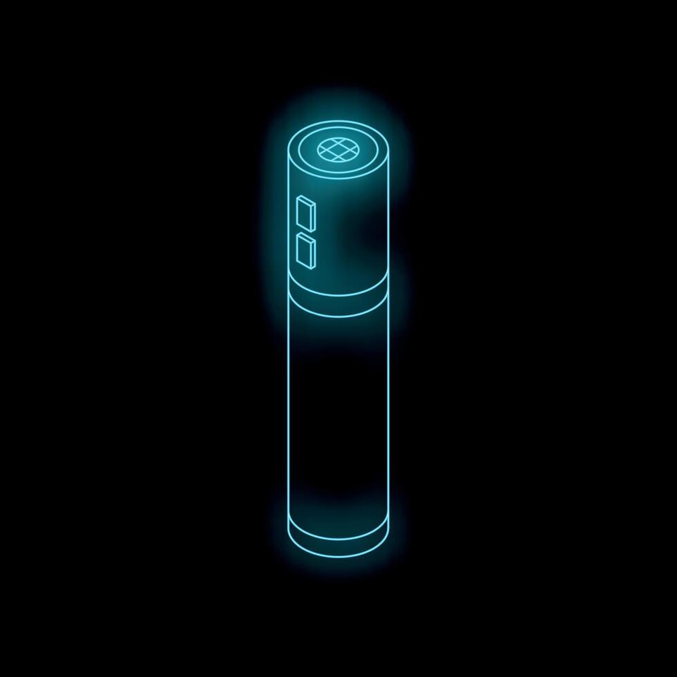 Glowing blue neon electronic cigarette emitting light on black background vector