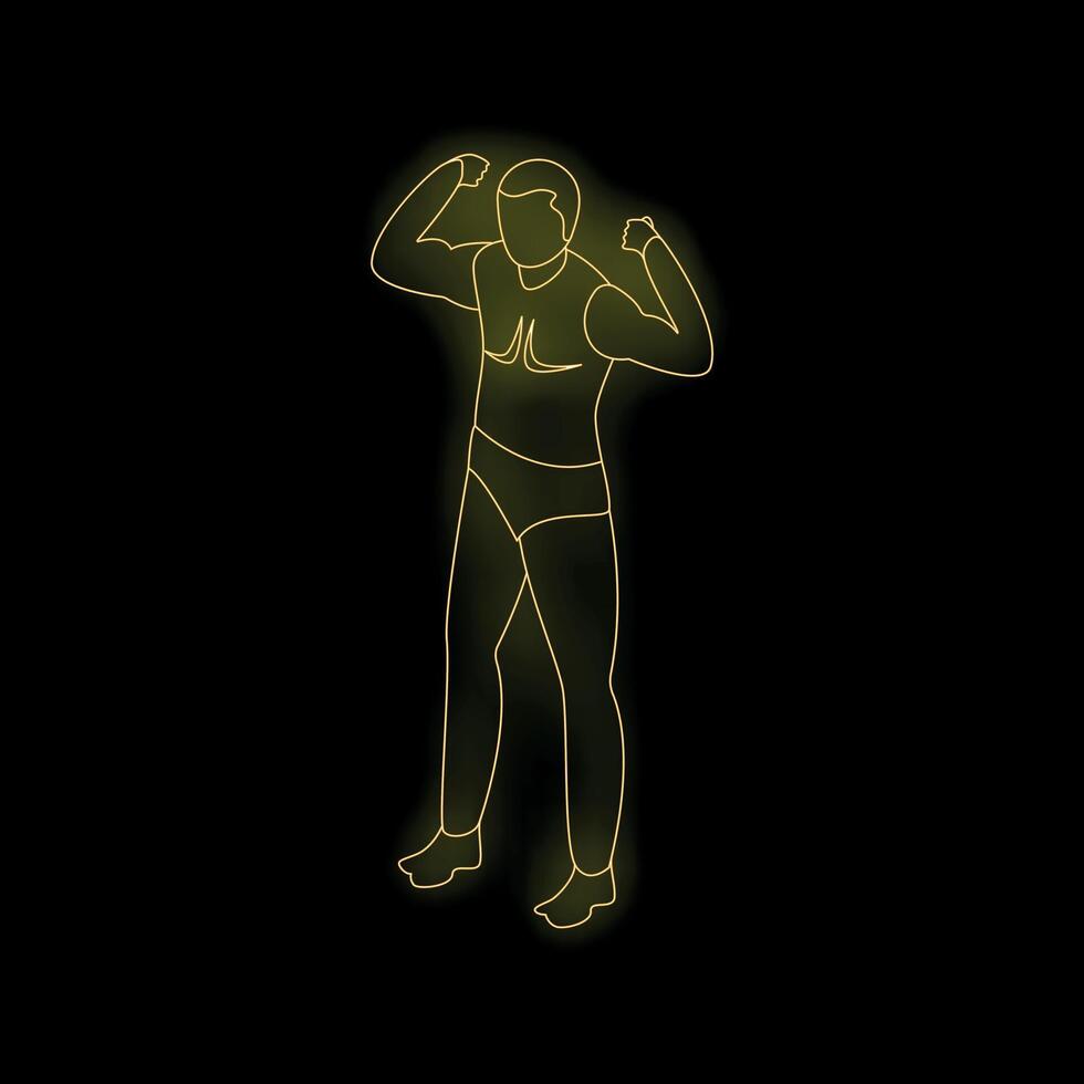 Wrestler flexing muscles neon sign glowing on black background vector