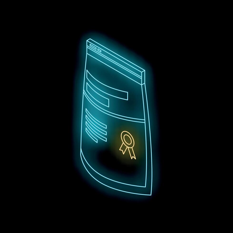 Pet food bag with quality certification stamp, glowing neon style over black background vector