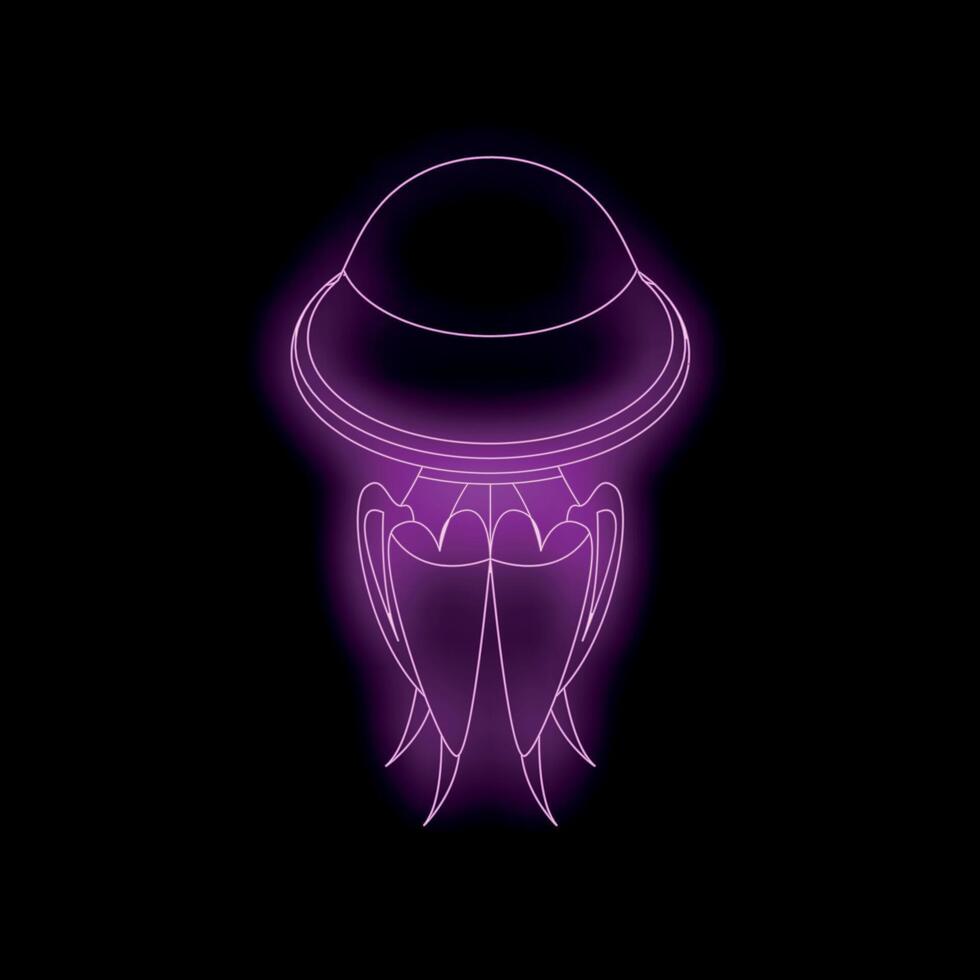 Glowing purple neon sign shaped like a ufo with tentacles on a black background vector
