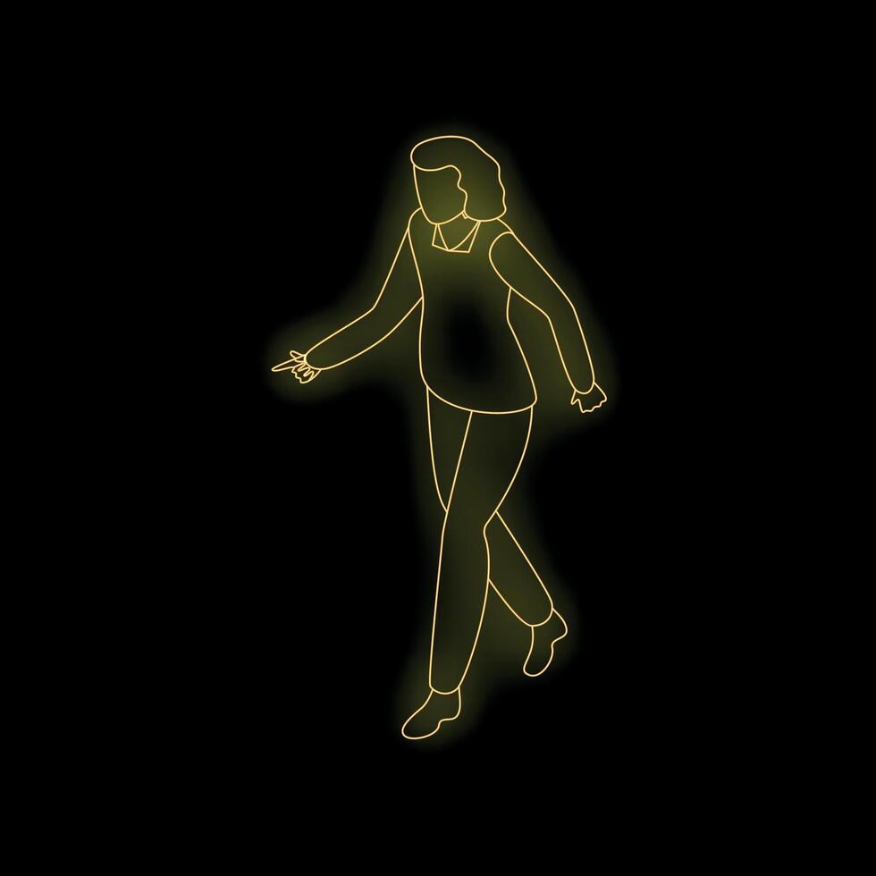 Businesswoman walking and pointing with index finger in neon light style vector
