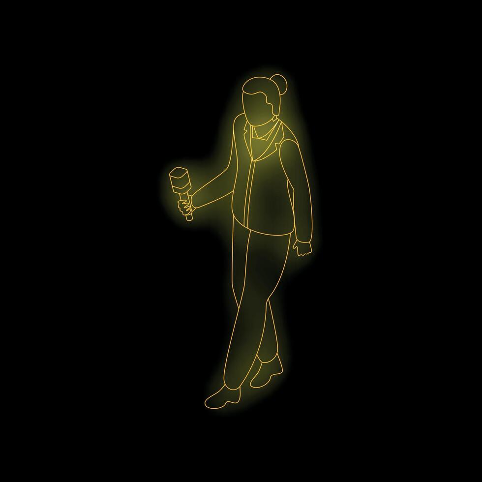 Journalist walking and holding microphone, glowing yellow lines on black background vector